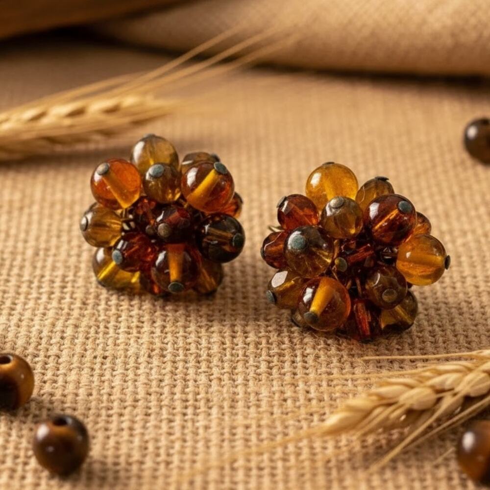Vintage Marvella Cluster Bead Clip On Earrings Amber